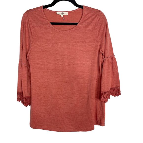New Entro Small S Orange Rust Lace Trim Bell 3/4 Sleeve Burnout Tee Tshirt Crew - Picture 1 of 7